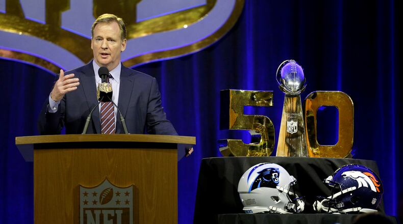 NFL Commissioner Roger Goodell speaks to the media during a news conference Friday, Feb. 5, 2016, in San Francisco. (AP Photo/Charlie Riedel)