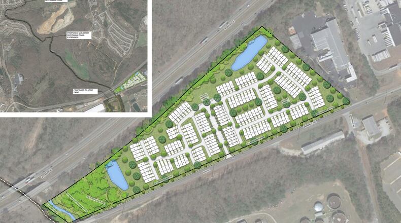Braselton will hold a public hearing July 9 to consider an application for rezoning to allow for the development of 161 attached single-family dwelling units on Broadway Avenue/Ga. 124. (Courtesy Town of Braselton)