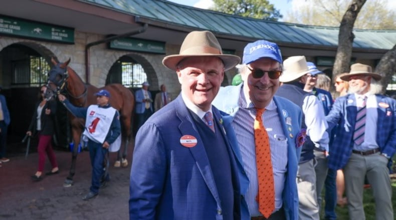 Dornoch (background), Keith Mason and Larry Connolly in Keeneland paddock before Bluegrass Stakes.