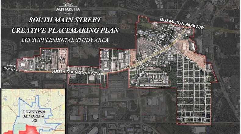 The goal of Alpharetta's study is to develop a plan to improve the South Main Street area including pedestrian, bicycle and transportation options, as well as public spaces. (Courtesy City of Alpharetta)
