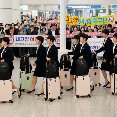 Members of North Korea's soccer club Naegohyang Women's FC team arrives at Incheon International Airpot in Incheon, South Korea, Sunday, May 17, 2026. (AP Photo/Ahn Young-joon)