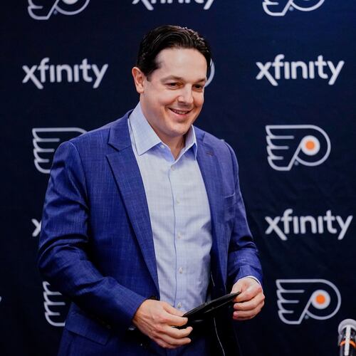 FILE - Philadelphia Flyers NHL hockey team Special Assistant to the General Manager Daniel Briere arrives for a news conference in Philadelphia, Wednesday, Feb. 9, 2022. (AP Photo/Matt Rourke, File)