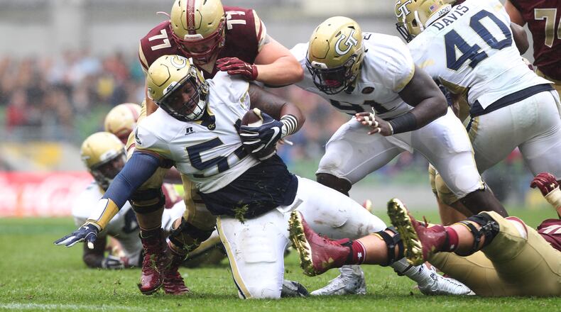 Kyle Cerge-Henderson of Georgia Tech and Jon Baker of Boston College during the Aer Lingus College Football Classic Ireland 2016 at Aviva Stadium on September 3, 2016 in Dublin, Ireland. (Photo by Patrick Bolger/Getty Images)