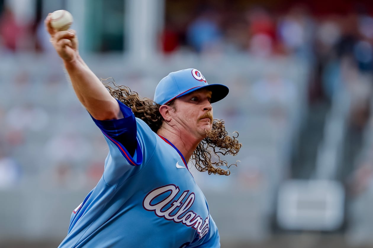 Atlanta Braves pitcher Grant Holmes delivers to an Arizona Diamondbacks batter during the first inning of a baseball game in Atlanta, Saturday, Aug. 15, 2026. (AP Photo/Erik S. Lesser)