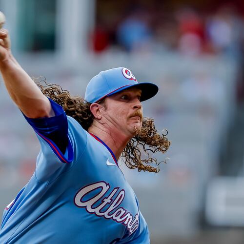 Braves pitcher Grant Holmes delivers to a Diamondbacks batter during the first inning Saturday, Aug. 15, 2026, in Atlanta. Holmes allowed six runs on six hits and walked three in 3⅔ innings at Truist Park. (Erik S. Lesser/AP)