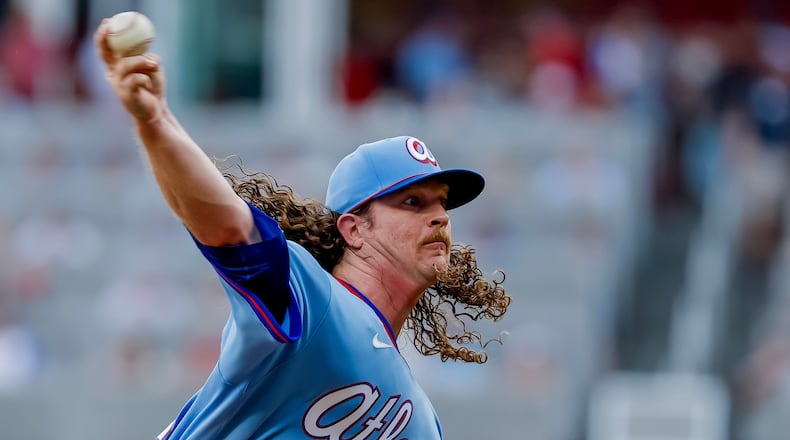 Atlanta Braves pitcher Grant Holmes delivers to an Arizona Diamondbacks batter during the first inning of a baseball game in Atlanta, Saturday, Aug. 15, 2026. (AP Photo/Erik S. Lesser)