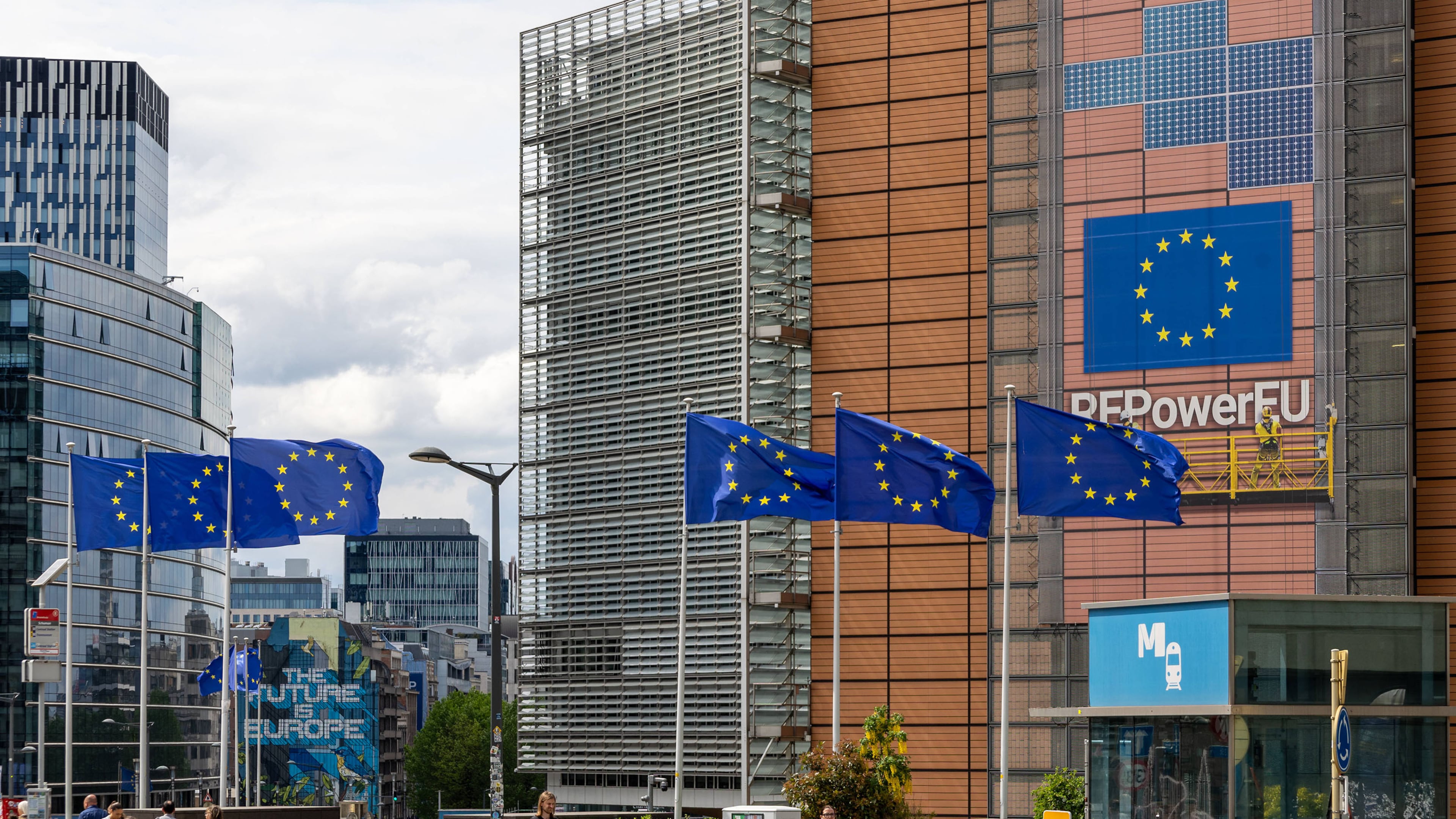 European flags in front of the Berlaymont building in Brussels on May 14, 2024. The European Union formally agreed to open negotiations with Ukraine and Moldova over membership in the bloc. (Zuma Press/TNS)