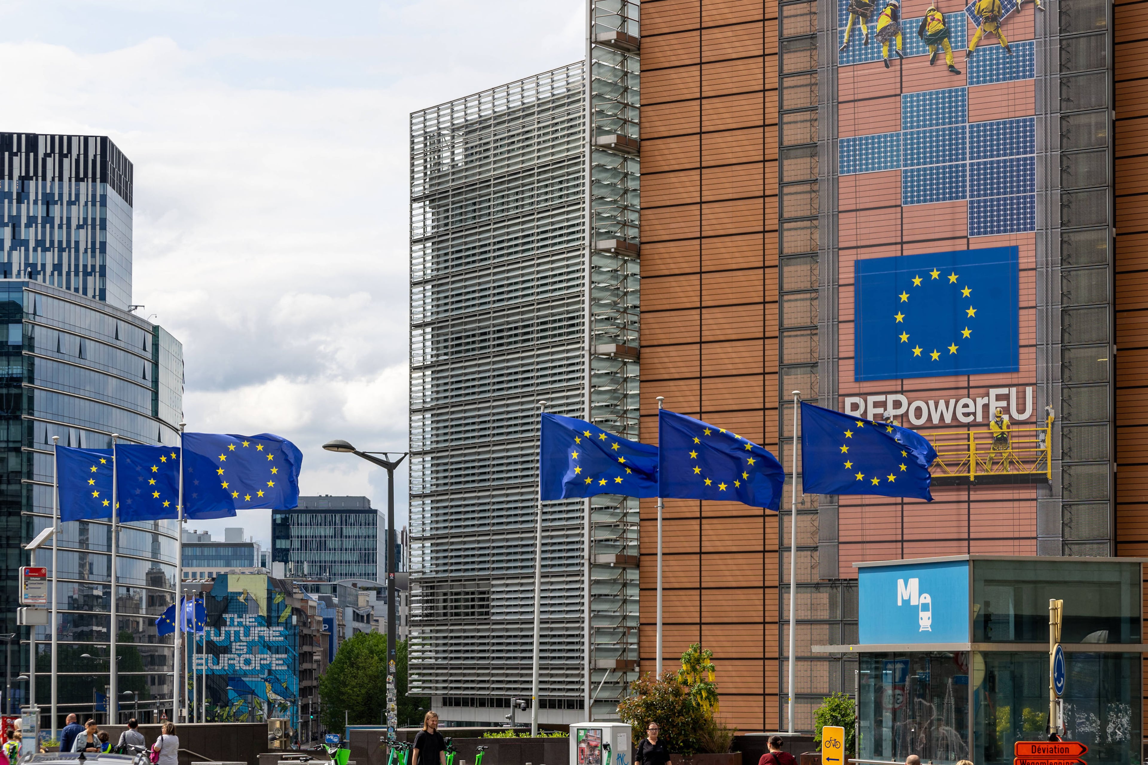 European flags in front of the Berlaymont building in Brussels on May 14, 2024. The European Union formally agreed to open negotiations with Ukraine and Moldova over membership in the bloc. (Zuma Press/TNS)
