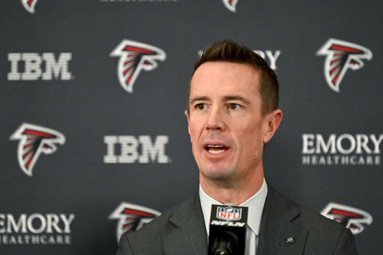 New Atlanta Falcons president of football Matt Ryan speaks to members of the press during a news conference to introduce Ryan as the Falcons' president of football, Tuesday, Jan. 13, 2026, in Flowery Branch. (Hyosub Shin/AJC)