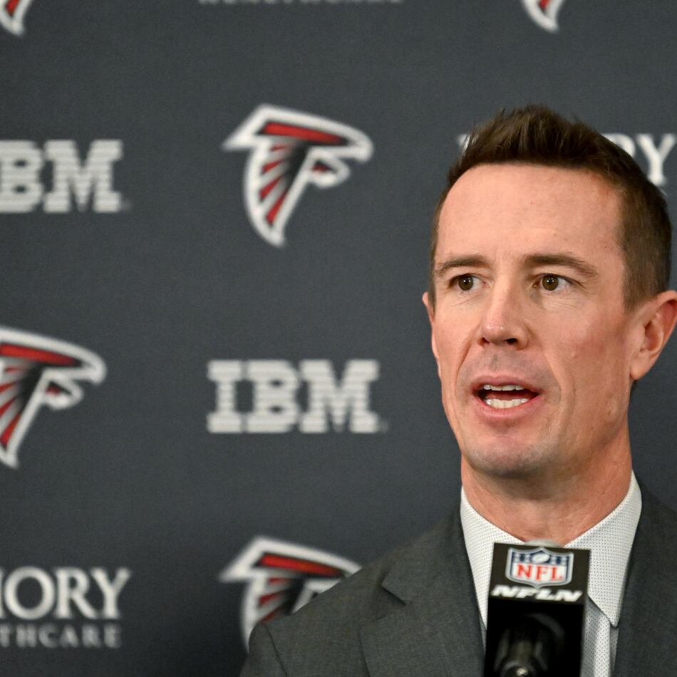 New Atlanta Falcons president of football Matt Ryan speaks to members of the press during a news conference to introduce Ryan as the Falcons' president of football, Tuesday, Jan. 13, 2026, in Flowery Branch. (Hyosub Shin/AJC)