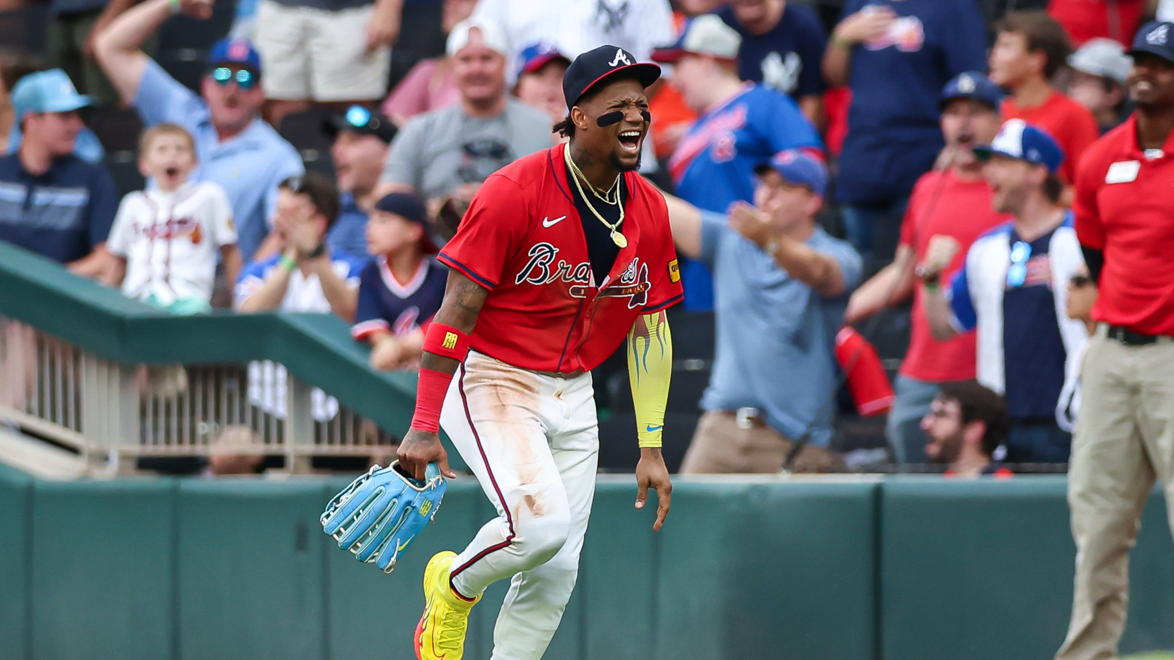 Braves outfielder Ronald Acuña Jr. reacts after throwing out a runner at third base during the third inning against the New York Yankees on Friday, July 18, 2025, in Atlanta. (Colin Hubbard/AP)