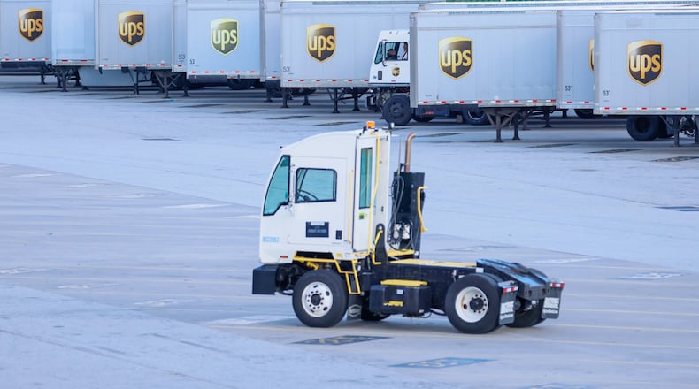 UPS trucks move up and down at the UPS S.M.A.R.T. Hub on Wednesday, November 20, 2024. (Miguel Martinez/AJC)
