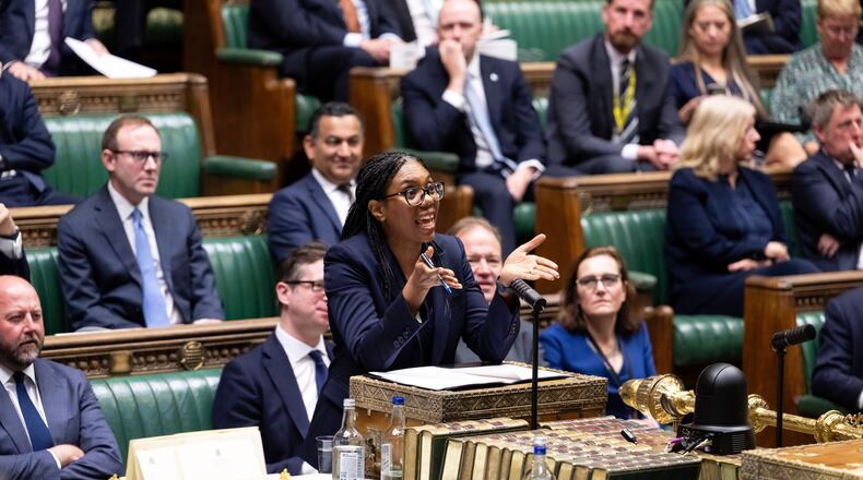 Leader of Britain's Conservative party Kemi Badenoch speaks during a debate on a motion on Privileges in the House of Commons in London, Tuesday, April 28, 2026. (House of Commons via AP)