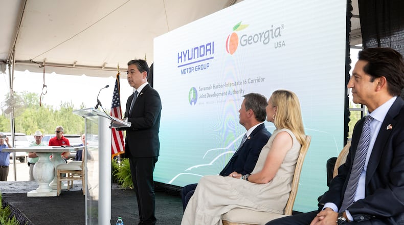 ELLABELL, GEORGIA - MAY 20, 2022: Hyundai Motor Group President and CEO Jae Hoon Chang speaks to during the announcement that the South Korean automotive giant is building an electric vehicle plant in Ellabell, Ga. It is the second major electric vehicle factory announcement in Georgia since December as state economic development officials try to turn the Peach State into an important manufacturing hub for battery-powered automobiles. (AJC Photo/Stephen B. Morton)