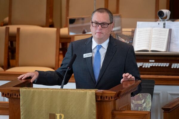 The Rev. Dr. Chris Strickland delivers the sermon  at Winder First United Methodist Church in Winder on Sunday, Sept. 8, 2024, the first Sunday following the shootings at Apalachee High School. Ben Gray for the Atlanta Journal-Constitution
