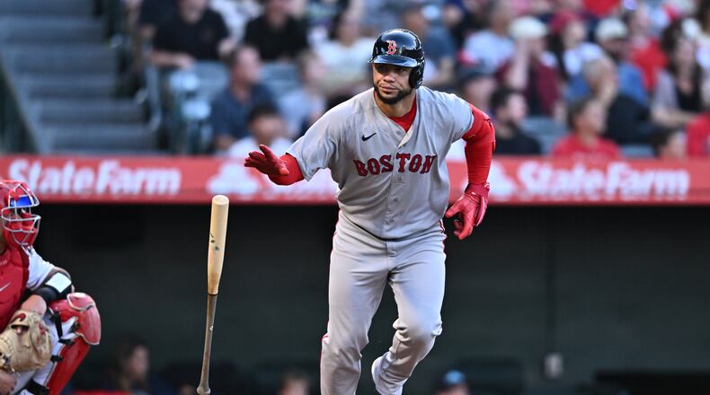Boston Red Sox's Willson Contreras runs after hitting a three-run home run during the third inning of a baseball game against the Los Angeles Angels, Sunday, July 5, 2026, in Anaheim, Calif. (AP Photo/William Liang)