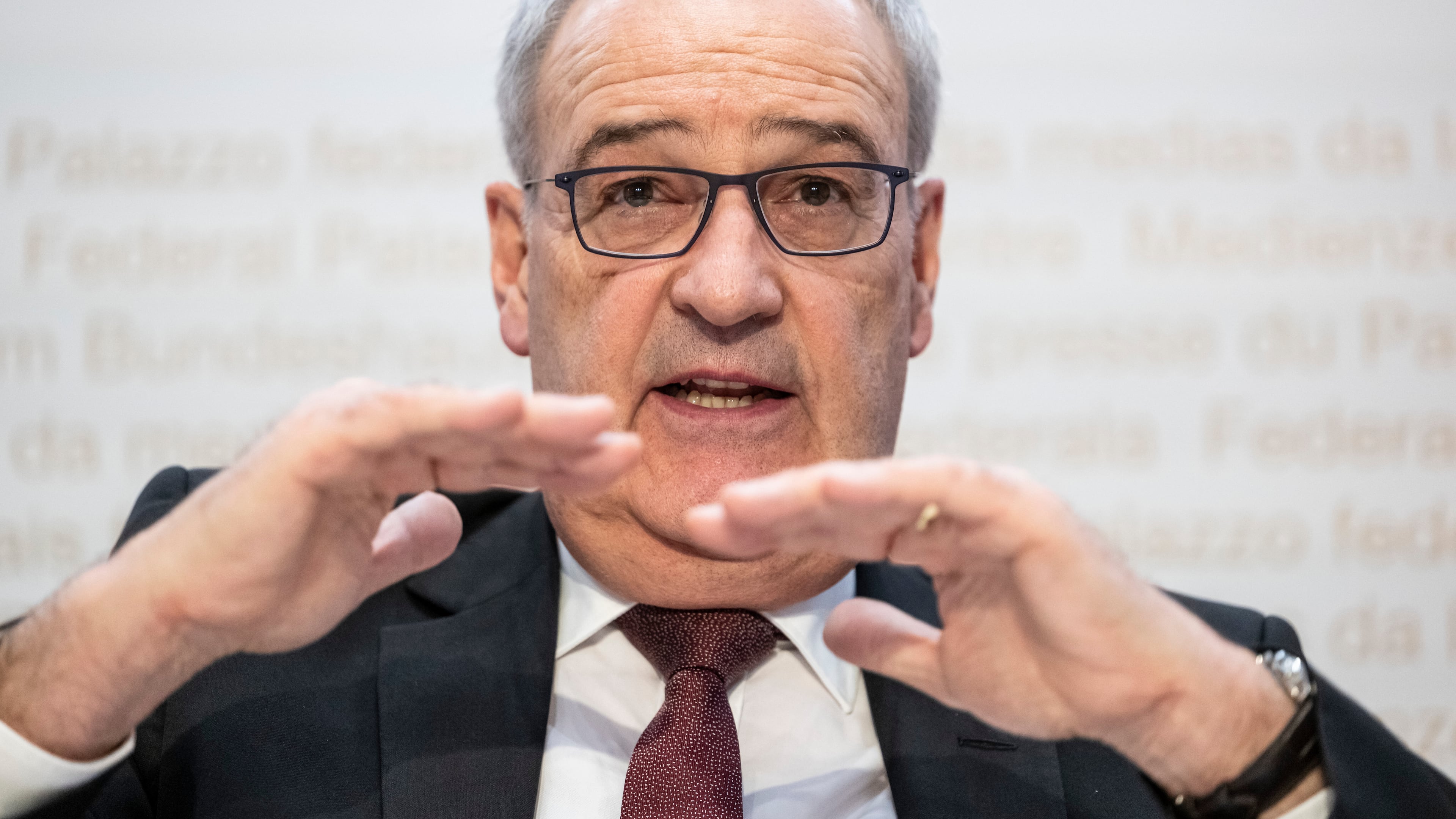 Swiss Federal Councillor Guy Parmelin speaks during a news conference, Friday, Nov. 14, 2025, in Bern, Switzerland. (Alessandro della Valle/Keystone via AP)