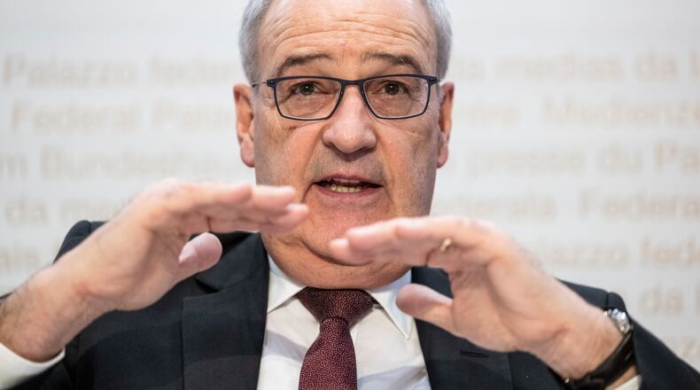 Swiss Federal Councillor Guy Parmelin speaks during a news conference, Friday, Nov. 14, 2025, in Bern, Switzerland. (Alessandro della Valle/Keystone via AP)