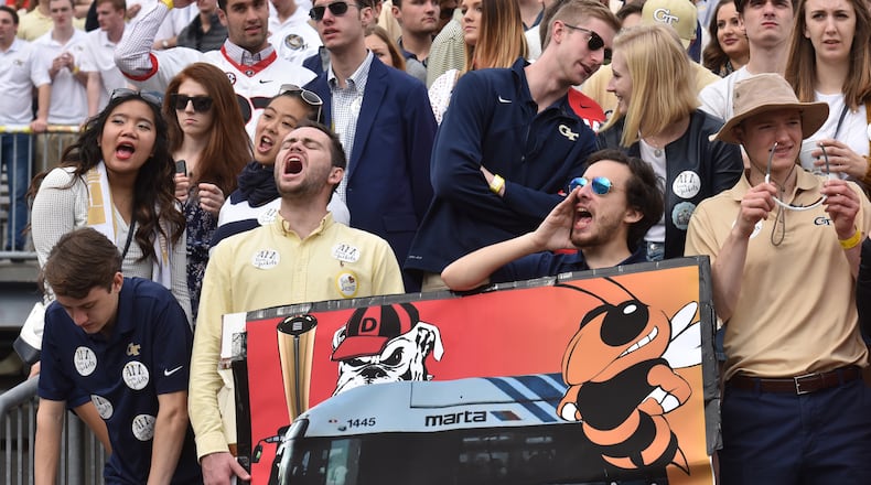 November 25, 2017 Atlanta - Georgia fans show their supports in the second half of an NCAA college football game at Bobby Dodd Stadium on Saturday, November 25, 2017. Georgia defeat Georgia Tech 38-7. HYOSUB SHIN / HSHIN@AJC.COM