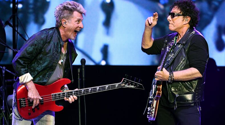 LAS VEGAS, NM - MAY 03: Bassist Ross Valory (L) and guitarist Neal Schon of Journey perform during the first night of the band's second nine-show residency at The Joint inside the Hard Rock Hotel & Casino on May 3, 2017 in Las Vegas, Nevada. (Photo by Ethan Miller/Getty Images)