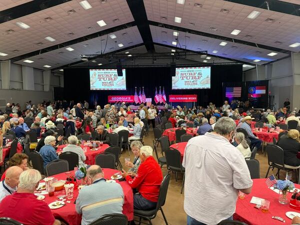 The crowd at U.S. Rep. Mike Collins Surf & Turf event on Saturday in Covington. (Greg Bluestein/AJC)