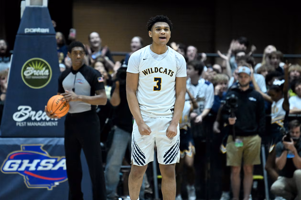 Wheeler's Colben Landrew — pictured reacting after making a free throw at the end of the Wildcats' 6A state championship game win in March over Newton — is back leading the team as Wheeler seeks its third title in four seasons. (Hyosub Shin/AJC 2025)