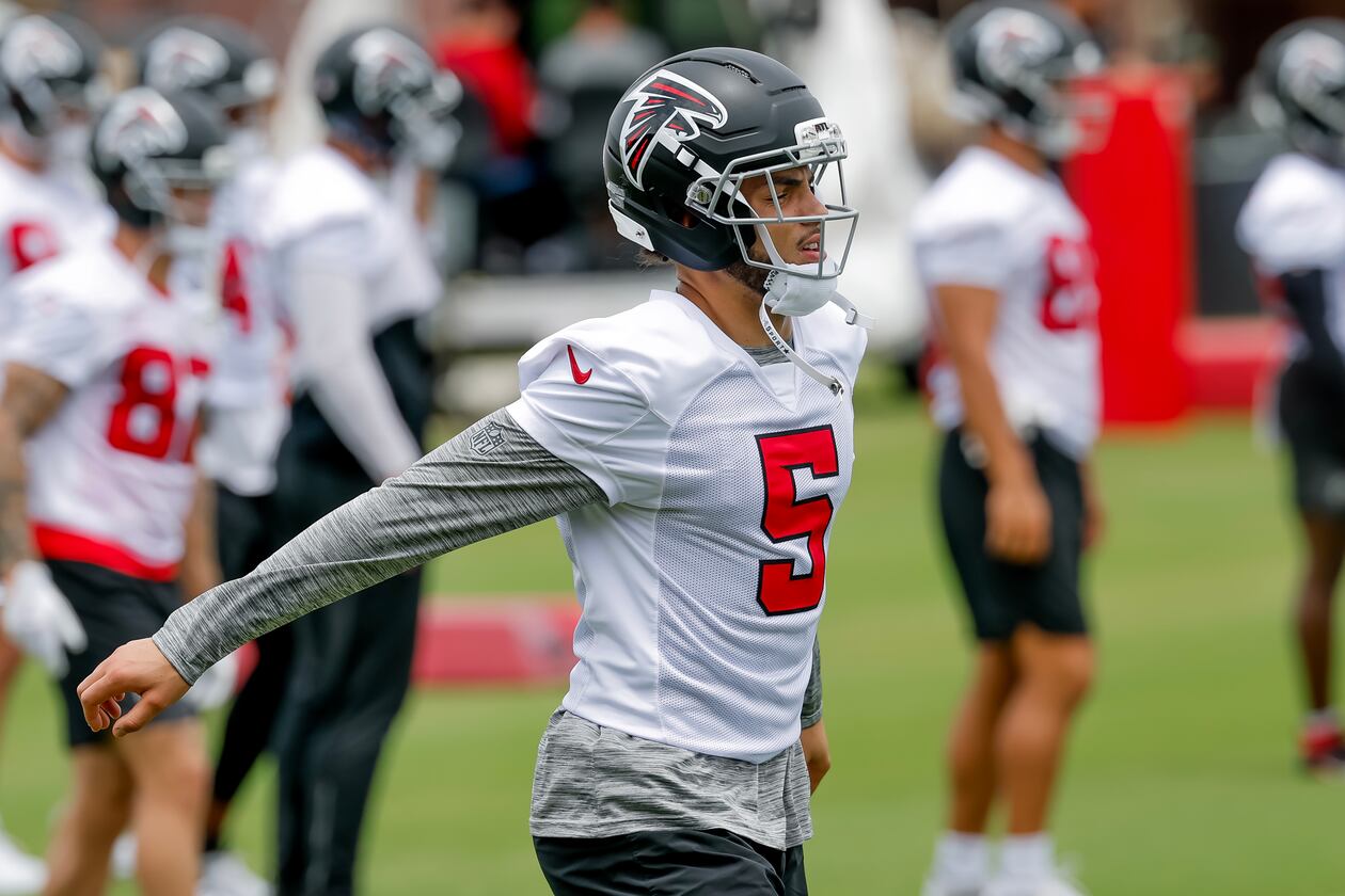 Falcons wide receiver Drake London practices Monday, June 8, 2026, in Flowery Branch. (Erik S. Lesser for the AJC)