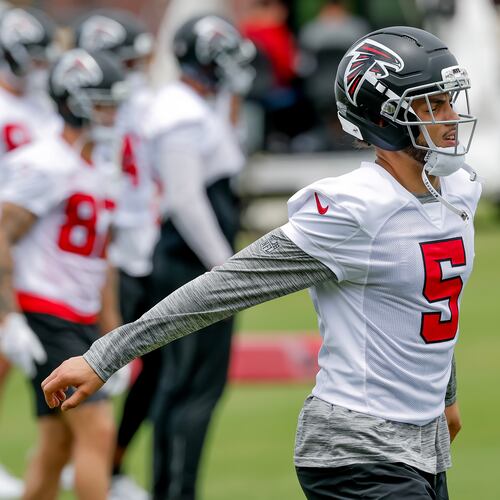 Falcons wide receiver Drake London practices Monday, June 8, 2026, in Flowery Branch. (Erik S. Lesser for the AJC)