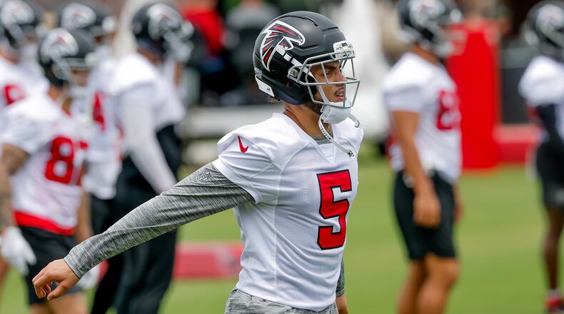 Falcons wide receiver Drake London practices Monday, June 8, 2026, in Flowery Branch. (Erik S. Lesser for the AJC)