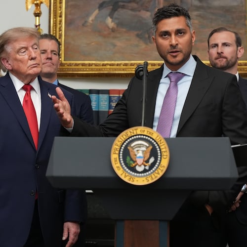 FILE - Kraken co-CEO Arjun Sethi speaks as President Donald Trump listens during a meeting with technology leaders in the Roosevelt Room of the White House, Aug. 19, 2026, in Washington. (AP Photo/Jacquelyn Martin, File)