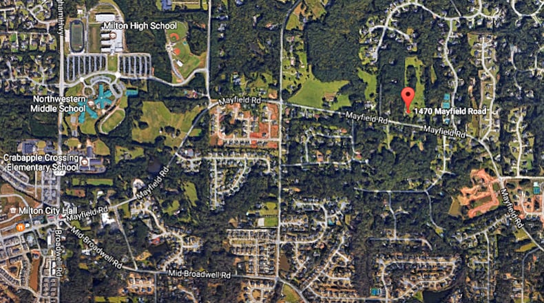 A future “passive” park on Mayfield Road, to be jointly owned and managed by Alpharetta and Milton, would be a short distance east of Milton High School, Northwestern Middle School and Crabapple Crossing Elementary School. GOOGLE MAPS