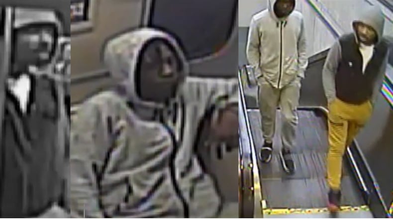 These are screenshots of surveillance video of the two Lenox Square shooting suspects leaving the scene Saturday, according to police.