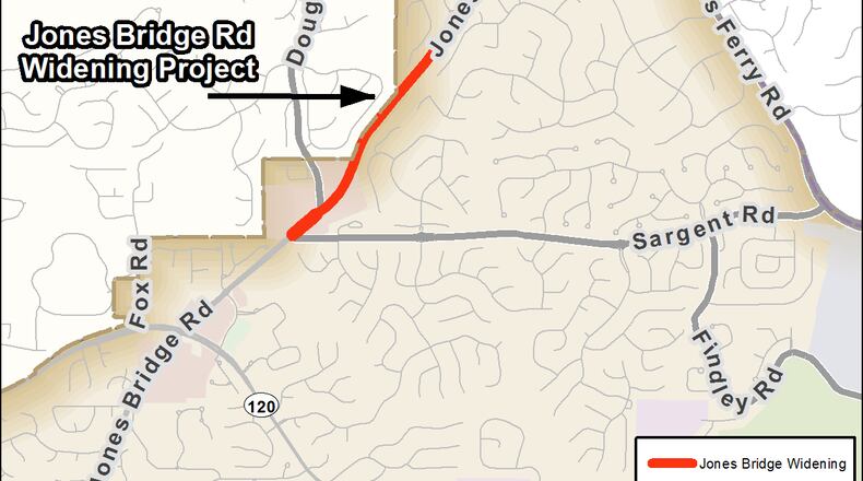The Jones Bridge Road project stretches from Sargent to McGinnis Ferry roads.