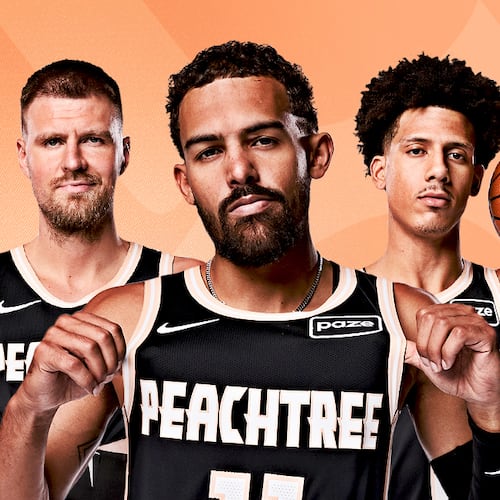 Kristaps Porzingis (left), Trae Young (center) and Jalen Johnson wear the Atlanta Hawks' 2025-26 "Peachtree" Nike City Edition uniforms. (Courtesy of the Atlanta Hawks)