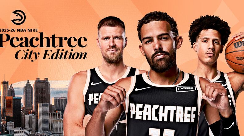 Kristaps Porzingis (left), Trae Young (center) and Jalen Johnson wear the Atlanta Hawks' 2025-26 "Peachtree" Nike City Edition uniforms. (Courtesy of the Atlanta Hawks)