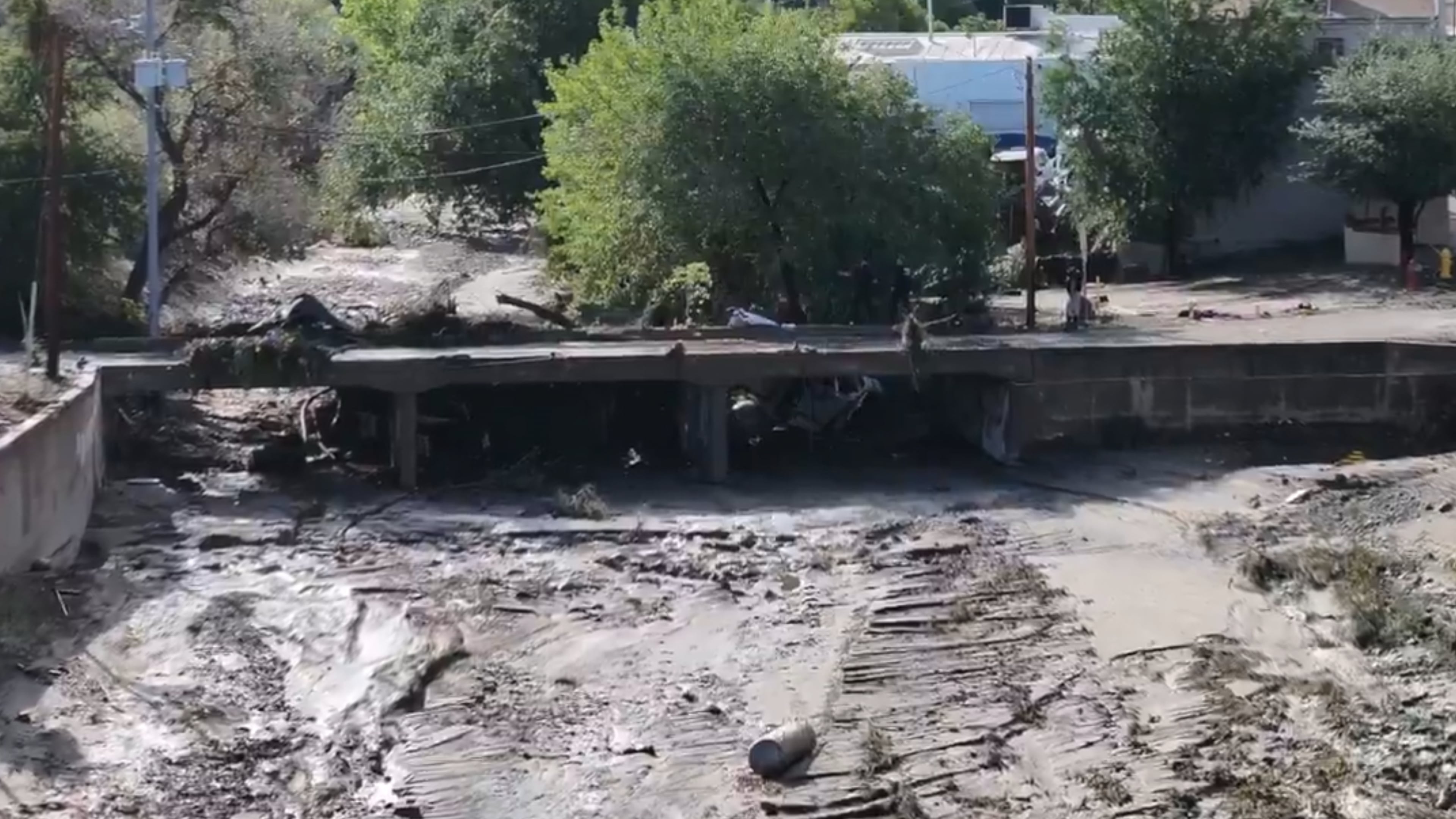 Damage from flooding in Globe, Ariz., is seen on Saturday morning, Sept. 27, 2025. (Adam Klepp/KNXV-TV - ABC15 Arizona via AP)