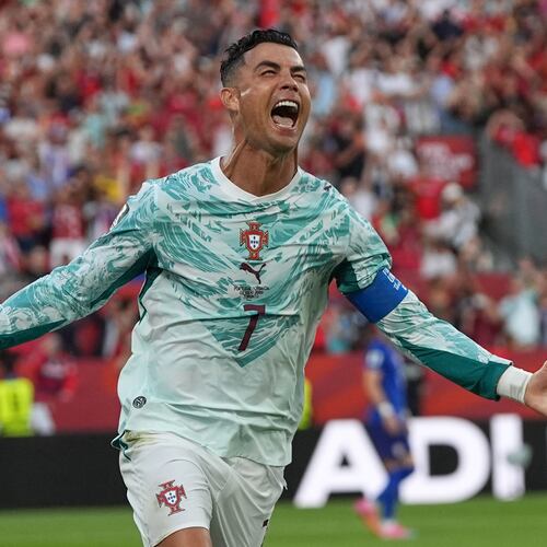 Portugal's Cristiano Ronaldo (7) celebrates after scoring their opening goal during the World Cup round of 32 soccer match between Portugal and Croatia in Toronto, Thursday, July 2, 2026. (AP Photo/Stephanie Scarbrough)