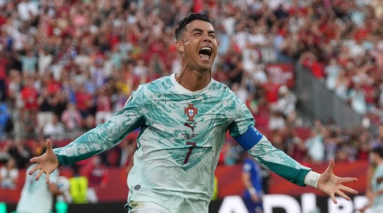 Portugal's Cristiano Ronaldo (7) celebrates after scoring their opening goal during the World Cup round of 32 soccer match between Portugal and Croatia in Toronto, Thursday, July 2, 2026. (AP Photo/Stephanie Scarbrough)