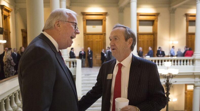 Sen. Fran Millar (right) chats with Dave McCleske of Gwinnett County Public Schools before the first day of the 2018 General Assembly. (Photo by Phil Skinner)