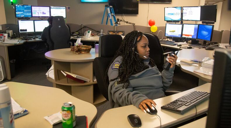 Operator Kelah Handley answers calls at Sandy Springs’ 911 dispatch center Wednesday, April 17, 2019. STEVE SCHAEFER / SPECIAL TO THE AJC