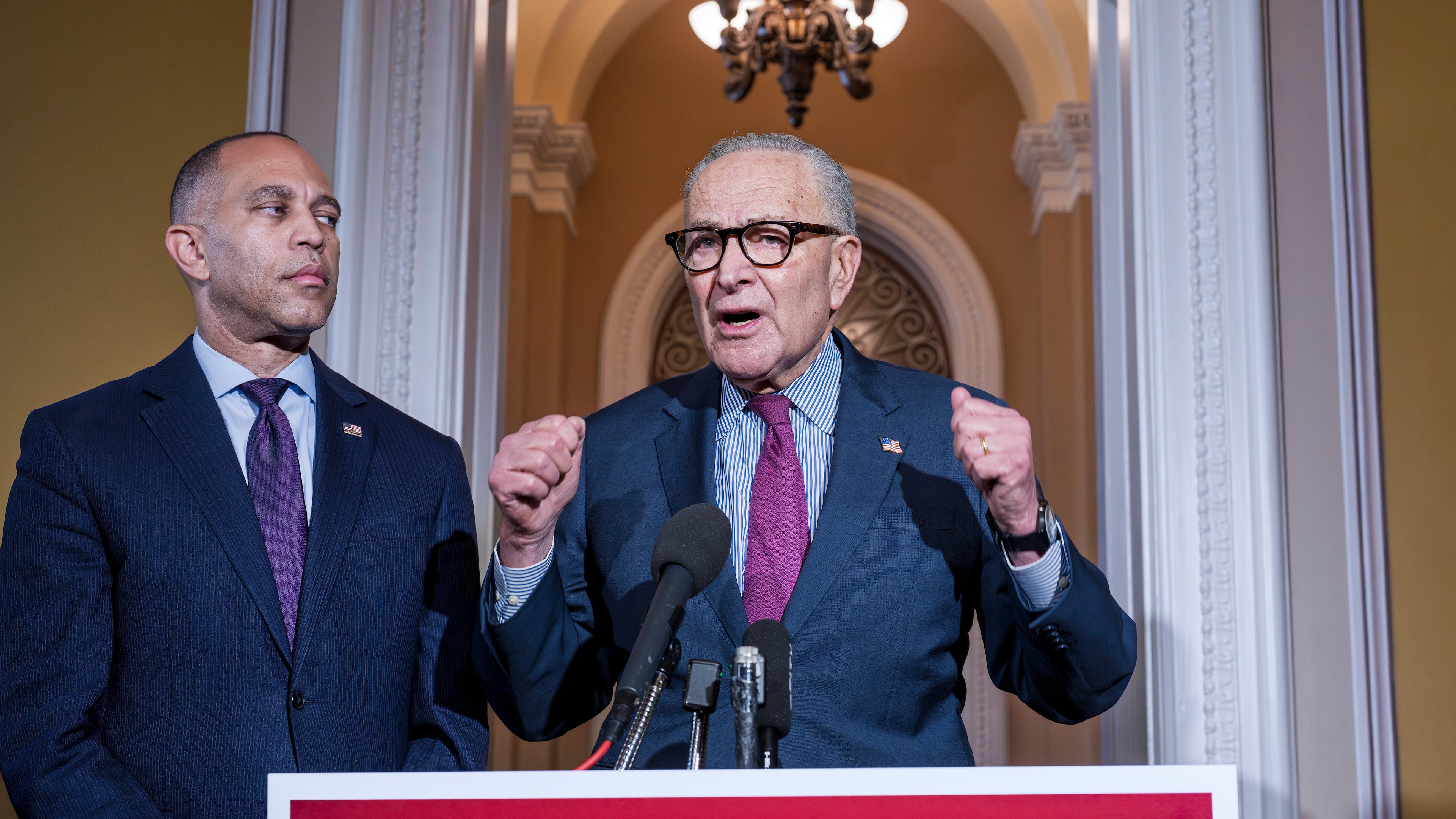 House Minority Leader Hakeem Jeffries, D-N.Y., left, and Senate Minority Leader Chuck Schumer, D-N.Y., speak to reporters outside the Senate chamber as they charge President Donald Trump and the Republicans with the government shutdown, at the Capitol in Washington, Thursday, Oct. 16, 2025. (AP Photo/J. Scott Applewhite)
