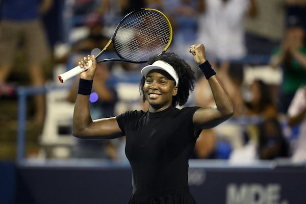 Venus Williams celebrates her win over Peyton Stearns during a match at the Citi Open tennis tournament Tuesday, July 22, 2025, in Washington. (AP Photo/Nick Wass)