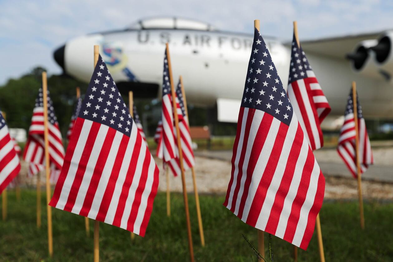 26,000 Flags have been placed throughout the garden at the National Museum of the Mighty 8th Air Force to honor those who died during WWII.