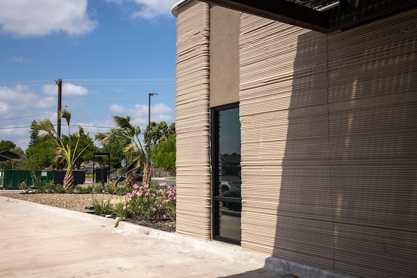 A view of the exterior shows a 3D printed Starbucks building Monday, April 28, 2025, in Brownsville, Texas. (AP Photo/Michael Gonzalez)