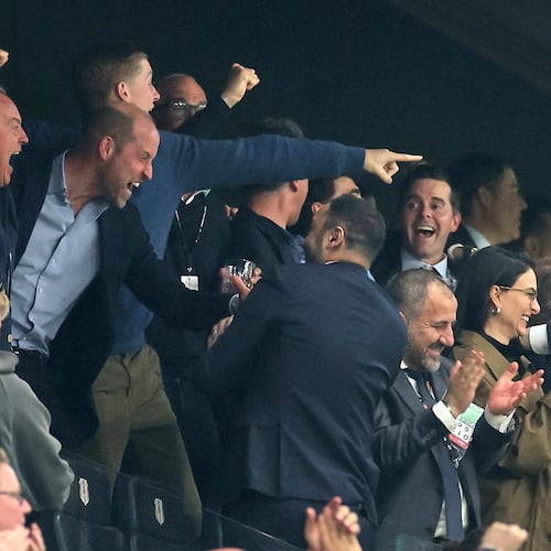 Britain's Prince William, center, celebrates as he watches the Europa League final soccer match between Freiburg and Aston Villa in Istanbul, Turkey, Wednesday, May 20, 2026. (AP Photo)