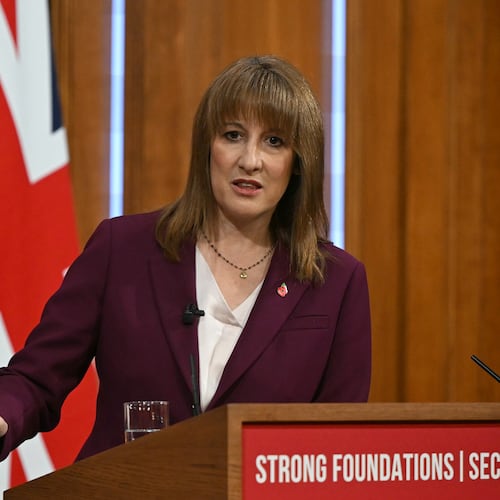 Britain's Chancellor of the Exchequer Rachel Reeves takes journalists' questions after delivering a speech in the media briefing room of 9 Downing Street, London, Tuesday Nov. 4, 2025. (Justin Tallis/Pool Photo via AP)