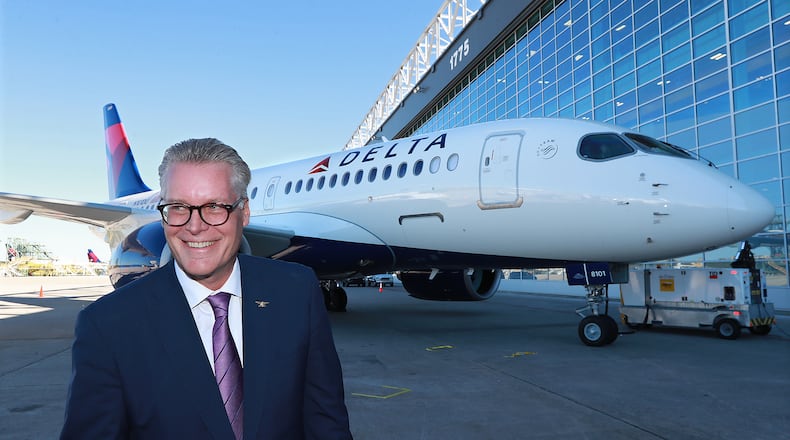 Delta CEO Ed Bastian arrives to unveil the new A220 aircraft while celebrating the 10-year anniversary of merging with Northwest at the Delta Air Lines TechOps on October 29, 2018, in Atlanta. (Curtis Compton/Atlanta Journal-Constitution/TNS)