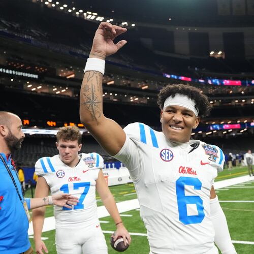 Mississippi quarterback Trinidad Chambliss (6) celebrates after the Sugar Bowl NCAA college football playoff quarterfinal game against Georgia in New Orleans, Thursday, Jan. 1, 2026. (AP Photo/Mathew Hinton)