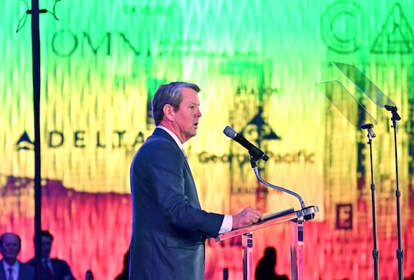 Gov. Brian Kemp speaks during the Central Atlanta Progress and the Atlanta Downtown Improvement District annual meeting & awards celebration Wednesday, March 11, 2026, at the Georgia Aquarium in Atlanta. (Hyosub Shin/AJC)