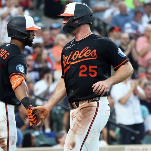 Baltimore Orioles' Pete Alonso celebrates with Baltimore Orioles' Leody Taveras after scoring a run during the third inning of a baseball game against the Atlanta Braves, Saturday, July 25, 2026, in Baltimore. (AP Photo/Daniel Kucin Jr.)
